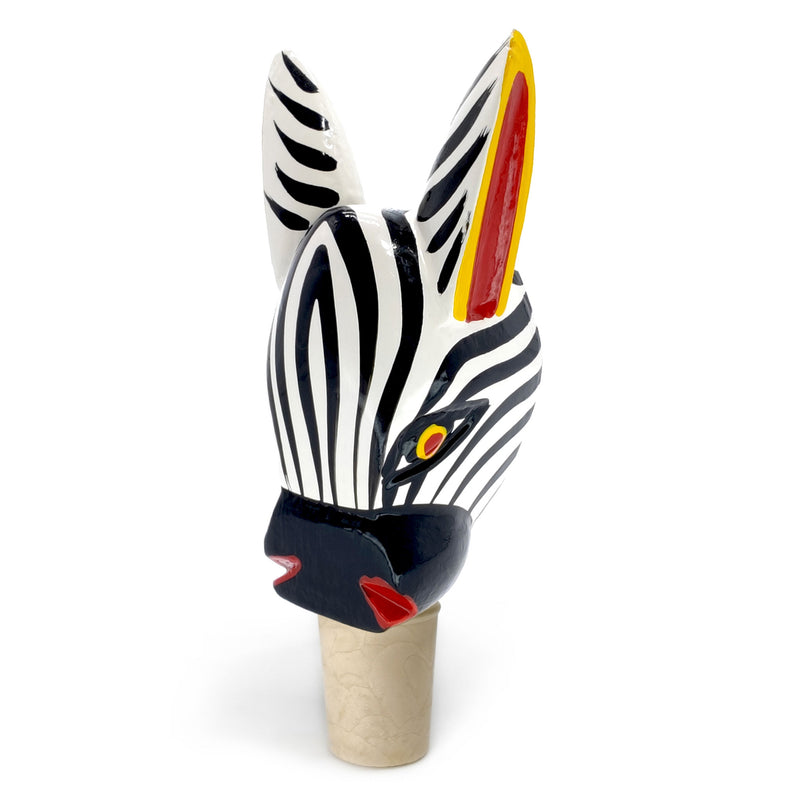 TAPÓN DECORATIVO PARA BOTELLAS - La cebra del carnaval - Madera tallada y pintada a mano