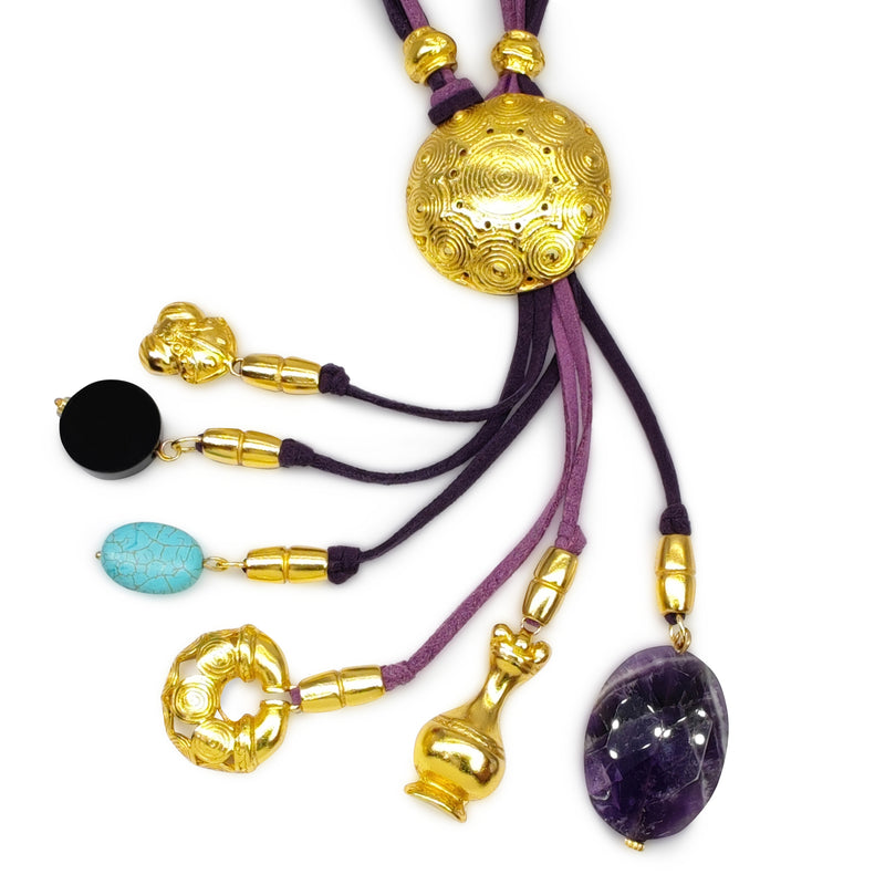 COLLAR CORDÚLA - Hecho a mano - Bañado en oro de 24 quilates - Cuero, piedras semipreciosas