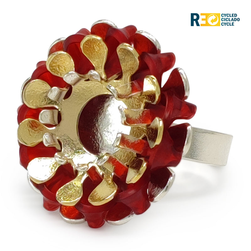 ANILLO ECOSOL - Hecho a mano - Ajustable - Plata de ley 925 y baño en oro de 24K - Plástico reciclado de los revestimientos de las tapas de botellas