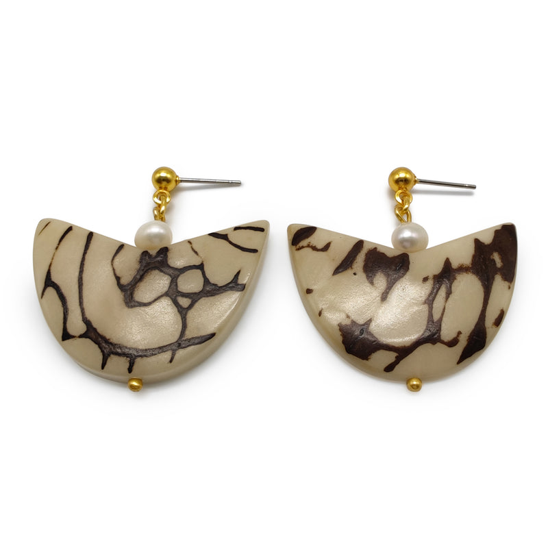PENDIENTES PALMA - Hechos a mano - Bañados en oro de 24 quilates - Tagua (marfil vegetal), perlas cultivadas