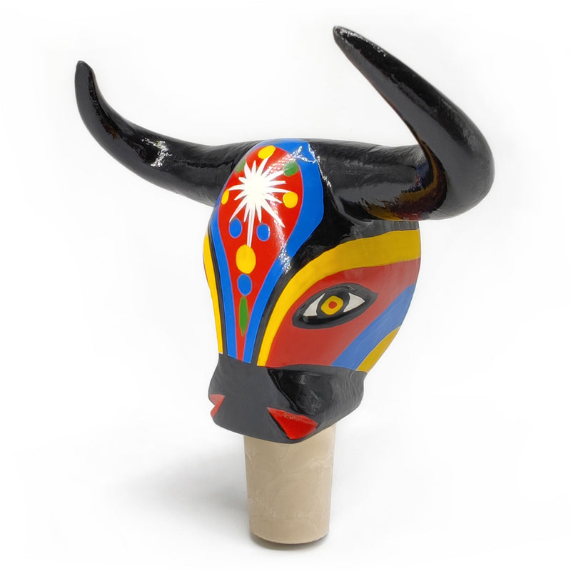TAPÓN DECORATIVO PARA BOTELLAS - El toro del carnaval - Madera tallada y pintada a mano