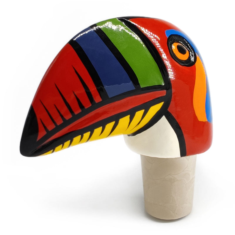 TAPÓN DECORATIVO PARA BOTELLAS - El tucán del carnaval - Madera tallada y pintada a mano