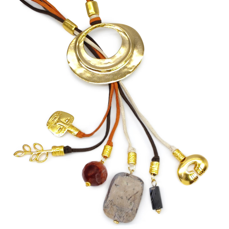 COLLAR CORDÚLA - Hecho a mano - Bañado en oro de 24 quilates - Cuero,  piedras semipreciosas