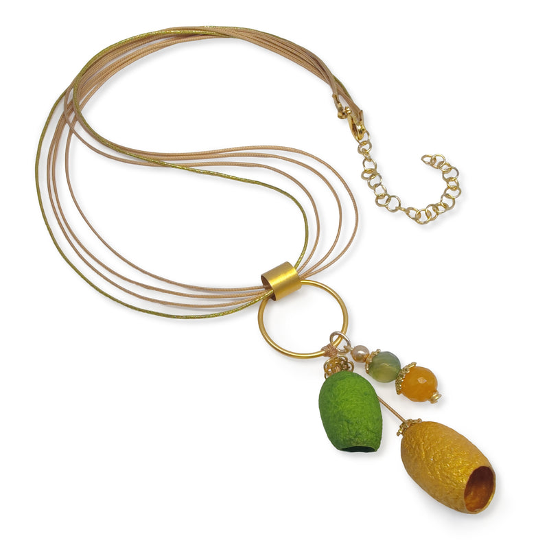 COLLAR COCOON SILKE - Hecho a mano - Bañado en oro de 24 quilates - Cordones de seda sintética, ágata, capullos de seda