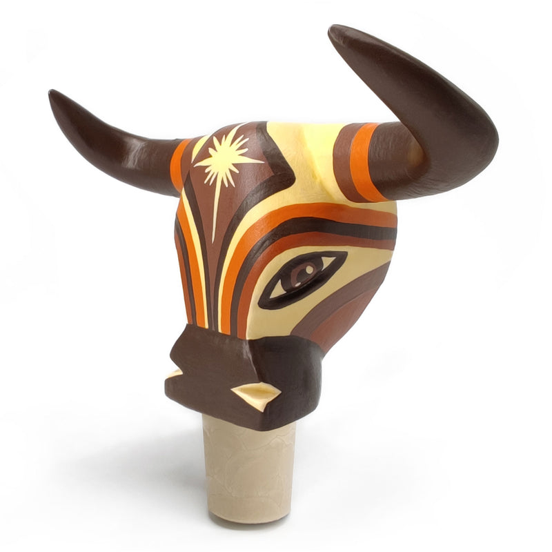 TAPÓN DECORATIVO PARA BOTELLAS - El toro del carnaval - Madera tallada y pintada a mano