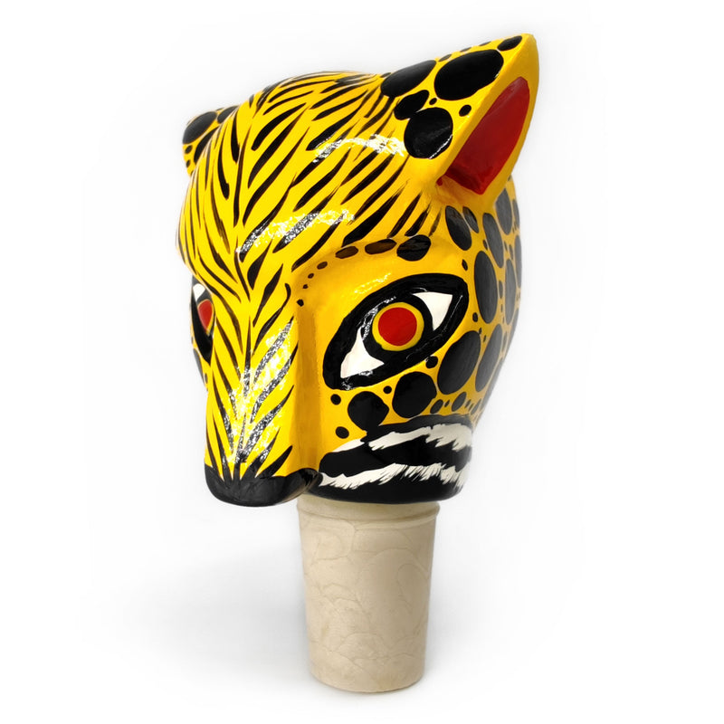 TAPÓN DECORATIVO PARA BOTELLAS - El jaguar del carnaval - Madera tallada y pintada a mano