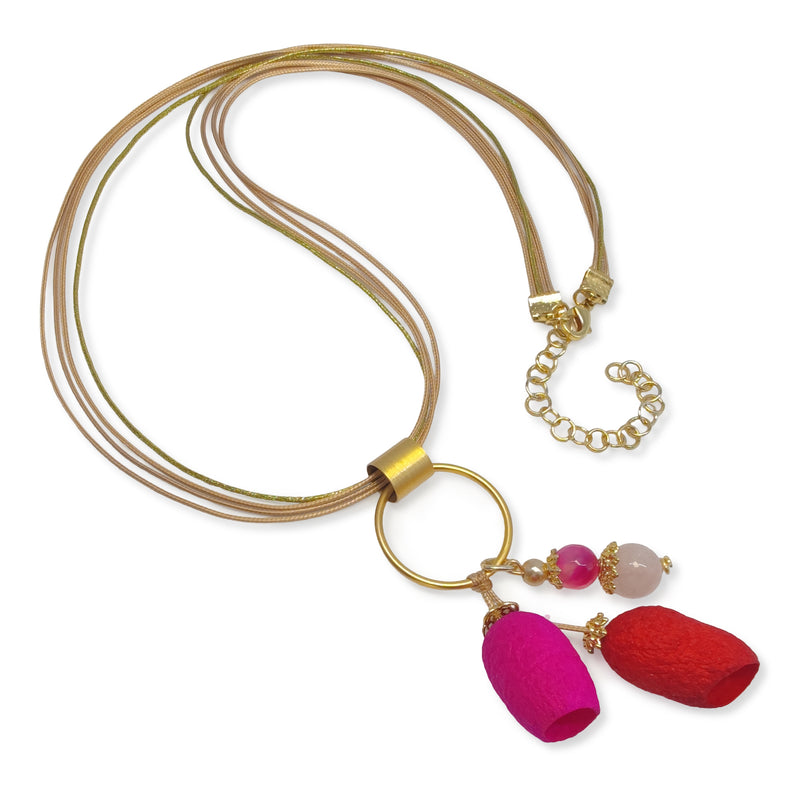 COLLAR COCOON SILKE - Hecho a mano - Bañado en oro de 24 quilates - Cordones de seda sintética, ágata, capullos de seda