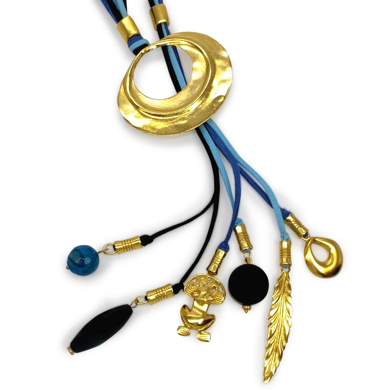 COLLAR CORDÚLA - Hecho a mano - Bañado en oro de 24 quilates - Cuero, piedras semipreciosas