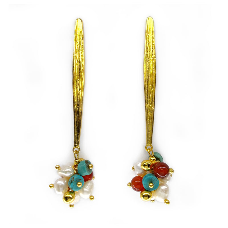 PENDIENTES FRIDA - Hechos a mano - Bañados en oro de 24 quilates - Perlas cultivadas, turquesas,  ágatas