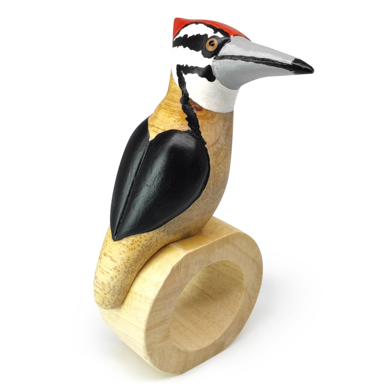 ANILLO DE SERVILLETA DECORATIVO - Pájaro carpintero - Madera tallada y pintada a mano