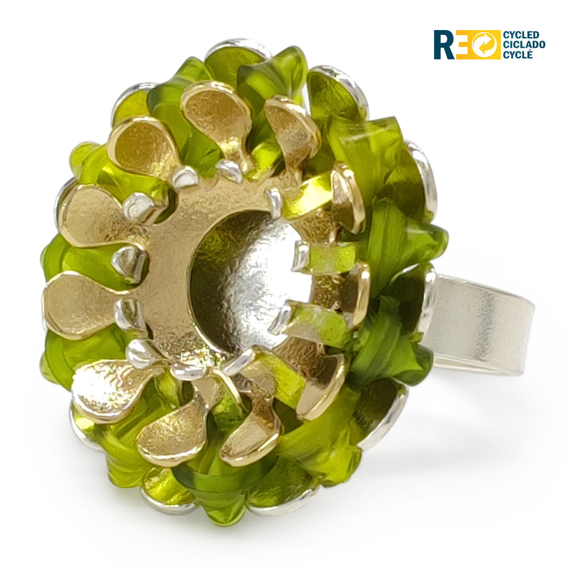 ANILLO ECOSOL - Hecho a mano - Ajustable - Plata de ley 925 y baño en oro de 24K - Plástico reciclado de los revestimientos de las tapas de botellas