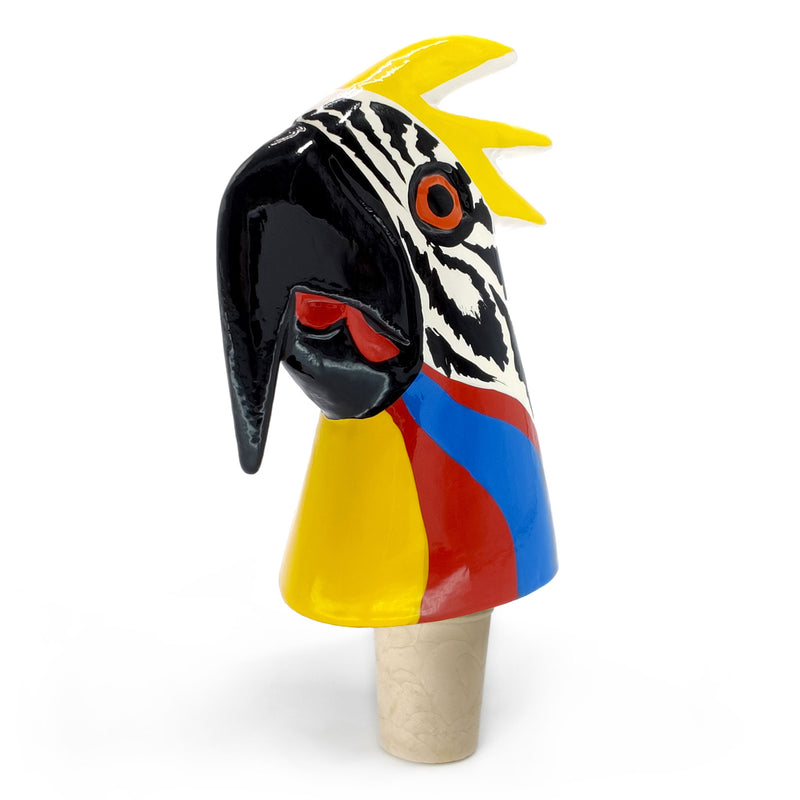 TAPÓN DECORATIVO PARA BOTELLAS - El guacamayo del carnaval - Madera tallada y pintada a mano