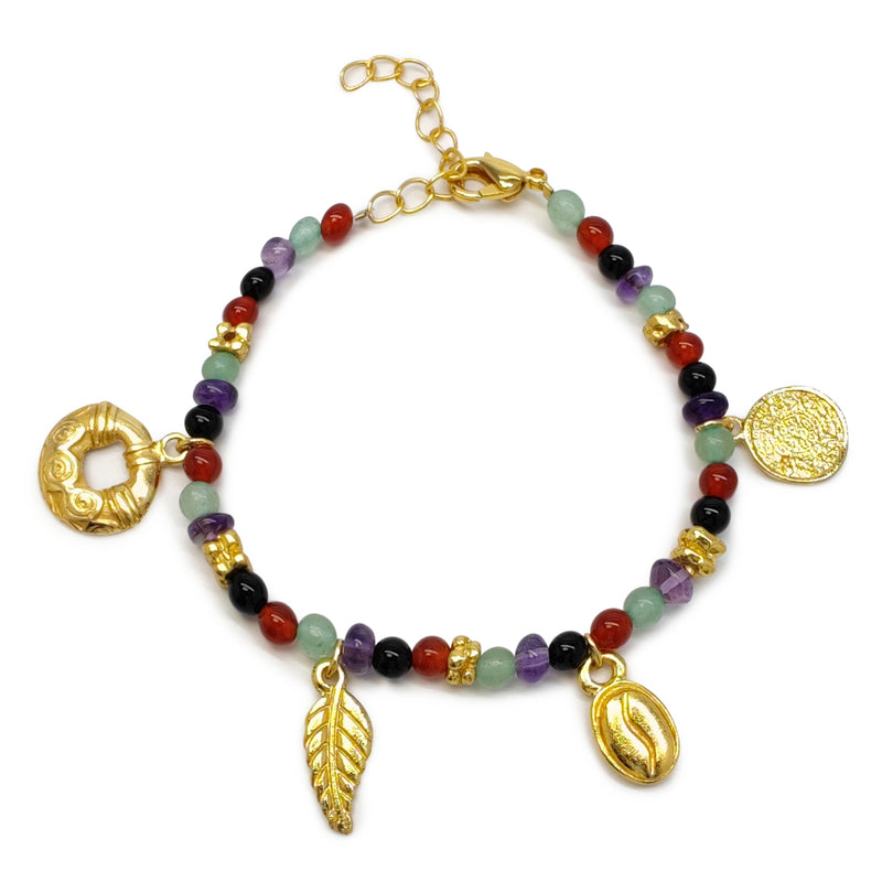 PULSERA ARCOÍRIS - Hecha a mano - Bañada en oro de 24 quilates - Ágatas, ónix, jades y amatistas