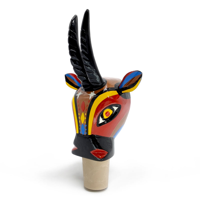 TAPÓN DECORATIVO PARA BOTELLAS - La cabra del carnaval - Madera tallada y pintada a mano