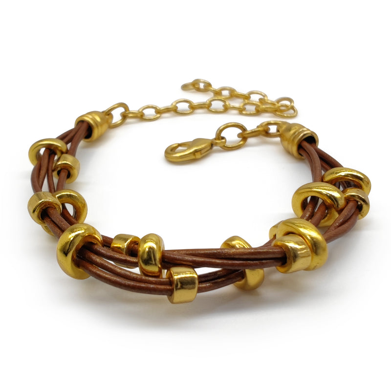 PULSERA LÚMEN - Hecha a mano - Bañada en oro de 24 quilates - Cuero