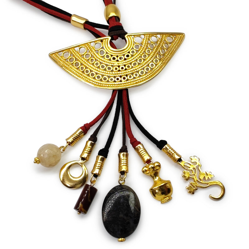 COLLAR CORDÚLA - Hecho a mano - Bañado en oro de 24 quilates - Cuero, piedras semipreciosas