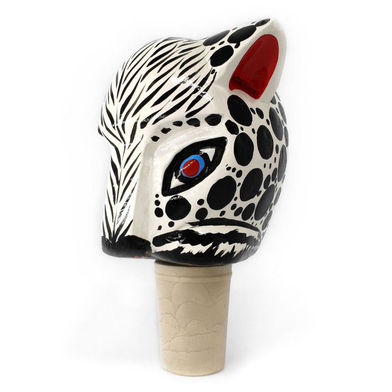 TAPÓN DECORATIVO PARA BOTELLAS - El tigre blanco del carnaval - Madera tallada y pintada a mano