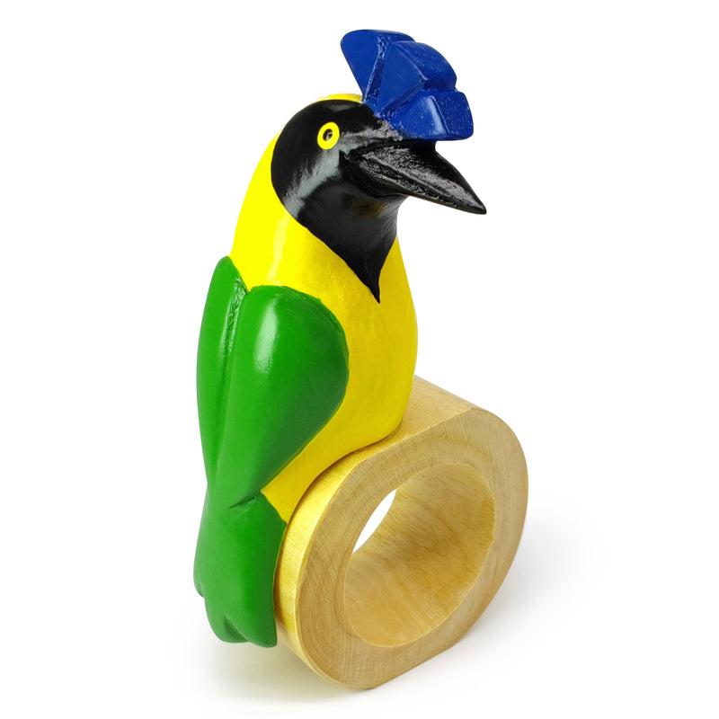 ANILLO DE SERVILLETA DECORATIVO - Arrendajo verde - Madera tallada y pintada a mano