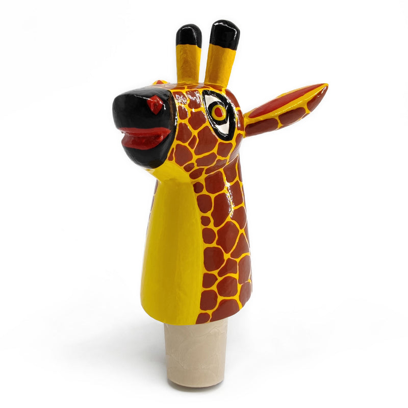 TAPÓN DECORATIVO PARA BOTELLAS - La jirafa del carnaval - Madera tallada y pintada a mano