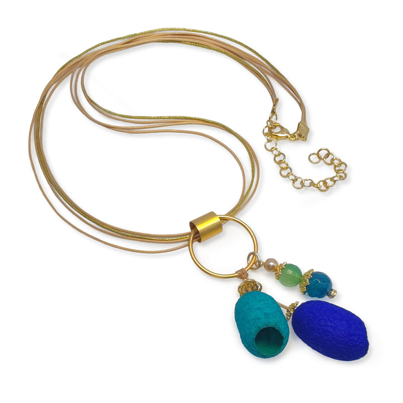 COLLAR COCOON SILKE - Hecho a mano - Bañado en oro de 24 quilates - Cordones de seda sintética, ágata, capullos de seda