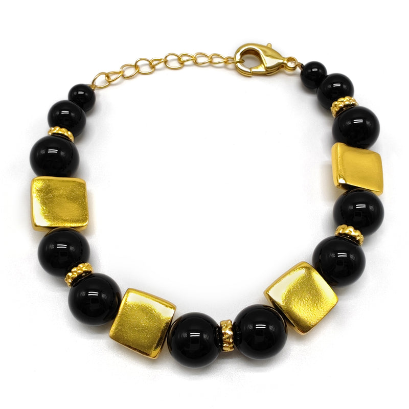 PULSERA QUIMBAYA - Hecha a mano - Bañada en oro de 24 quilates - Ónix