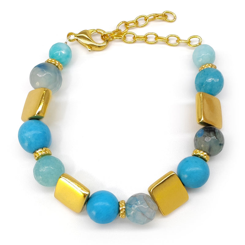 PULSERA QUIMBAYA - Hecha a mano - Bañada en oro de 24 quilates - Ágatas, turquesas