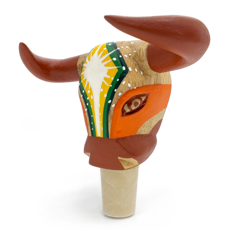 TAPÓN DECORATIVO PARA BOTELLAS - El toro del carnaval - Madera tallada y pintada a mano