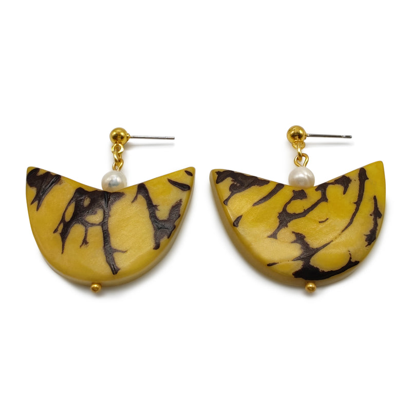 PENDIENTES PALMA - Hechos a mano - Bañados en oro de 24 quilates - Tagua (marfil vegetal), perlas cultivadas