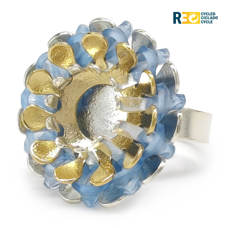 ANILLO ECOSOL - Hecho a mano - Ajustable - Plata de ley 925 y baño en oro de 24K - Plástico reciclado de los revestimientos de las tapas de botellas