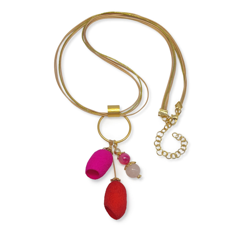 COLLAR COCOON SILKE - Hecho a mano - Bañado en oro de 24 quilates - Cordones de seda sintética, ágata, capullos de seda