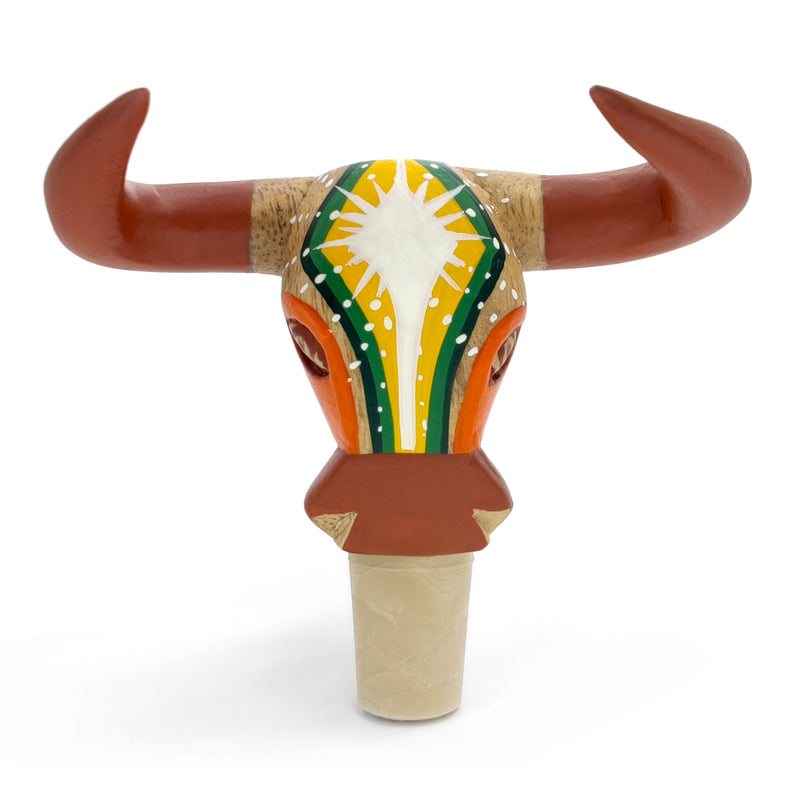 TAPÓN DECORATIVO PARA BOTELLAS - El toro del carnaval - Madera tallada y pintada a mano
