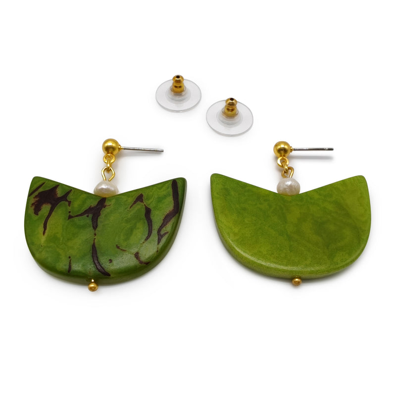 PENDIENTES PALMA - Hechos a mano - Bañados en oro de 24 quilates - Tagua (marfil vegetal), perlas cultivadas