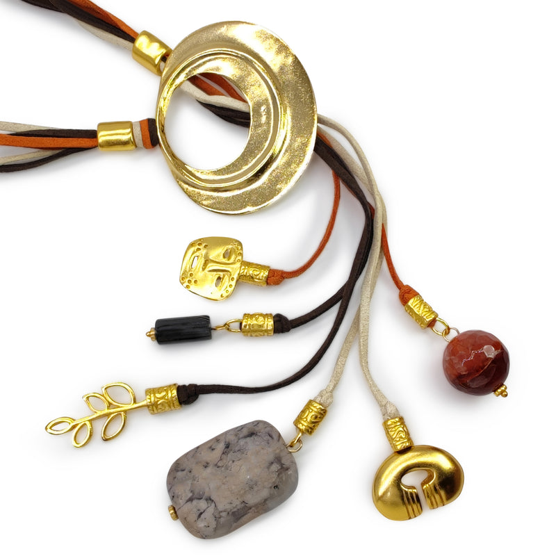 COLLAR CORDÚLA - Hecho a mano - Bañado en oro de 24 quilates - Cuero,  piedras semipreciosas