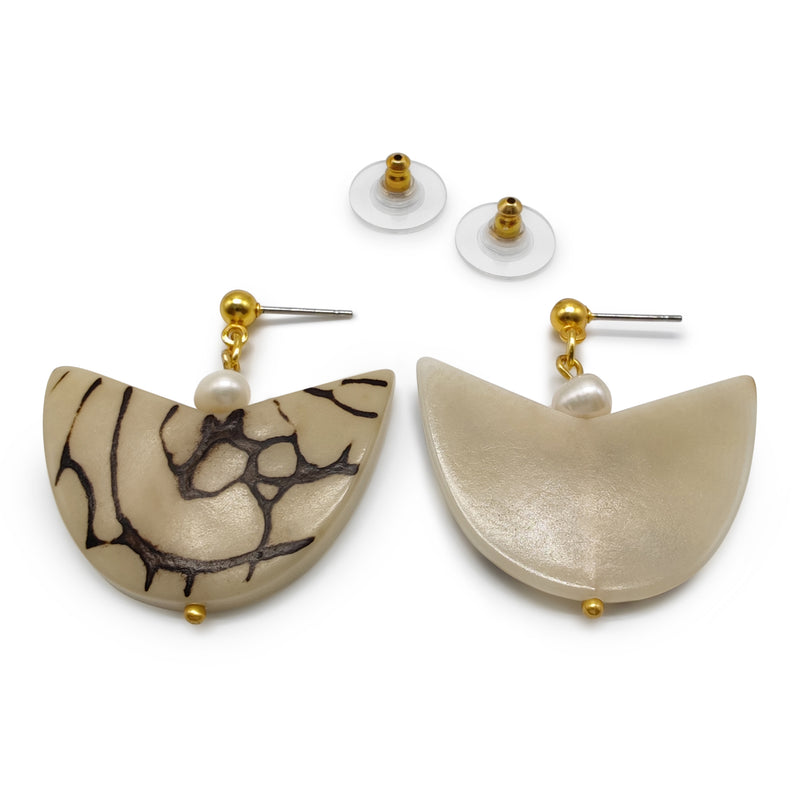 PENDIENTES PALMA - Hechos a mano - Bañados en oro de 24 quilates - Tagua (marfil vegetal), perlas cultivadas
