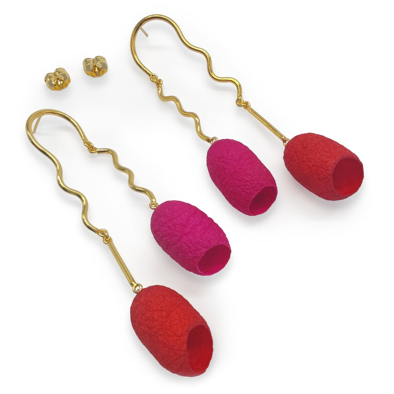 PENDIENTES COCOON TWIN - Hechos a mano - Bañados en oro de 24 quilates - Capullos de seda