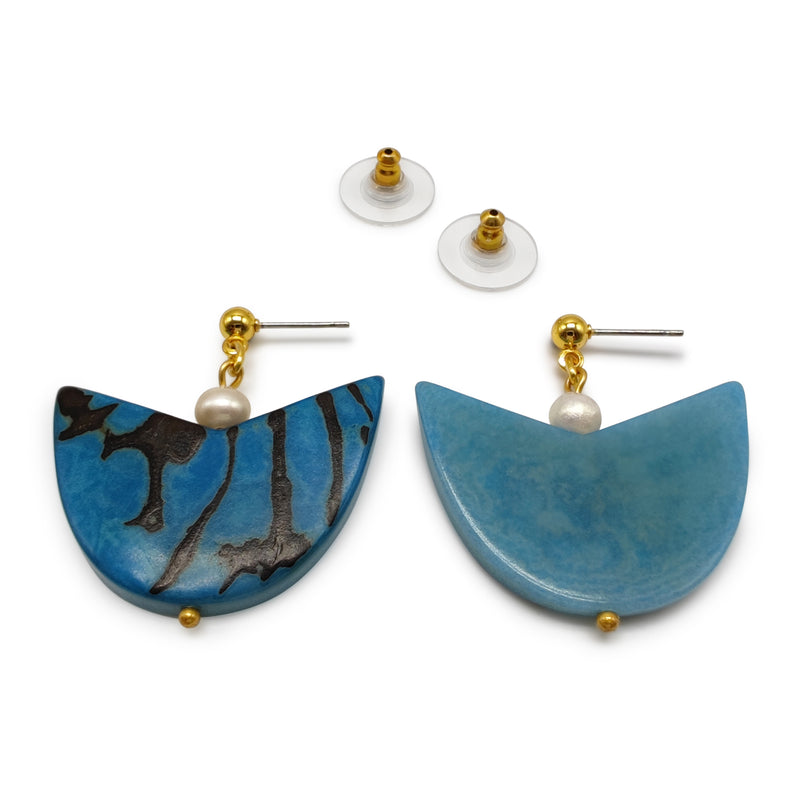 PENDIENTES PALMA - Hechos a mano - Bañados en oro de 24 quilates - Tagua (marfil vegetal), perlas cultivadas