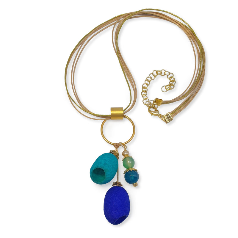 COLLAR COCOON SILKE - Hecho a mano - Bañado en oro de 24 quilates - Cordones de seda sintética, ágata, capullos de seda