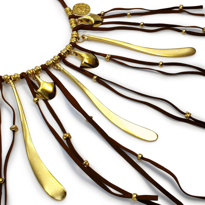 COLLAR SUÉ - Hecho a mano - Bañado en oro de 24 quilates - Cuero