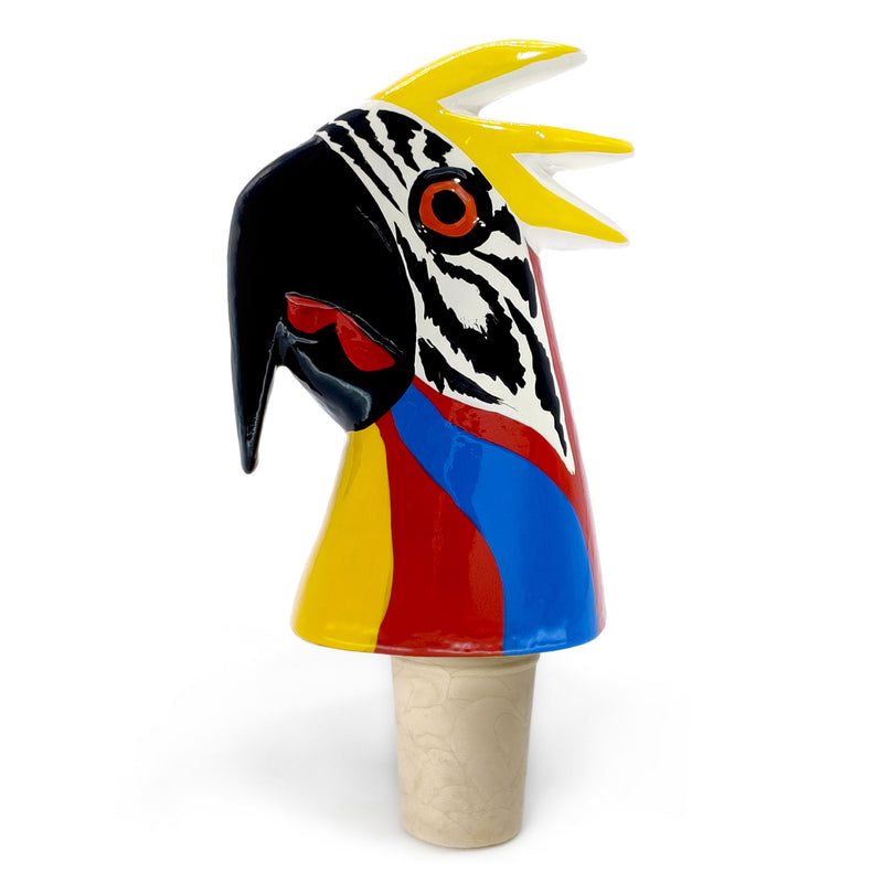 TAPÓN DECORATIVO PARA BOTELLAS - El guacamayo del carnaval - Madera tallada y pintada a mano