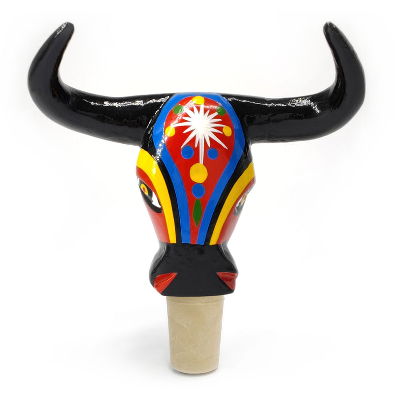 TAPÓN DECORATIVO PARA BOTELLAS - El toro del carnaval - Madera tallada y pintada a mano