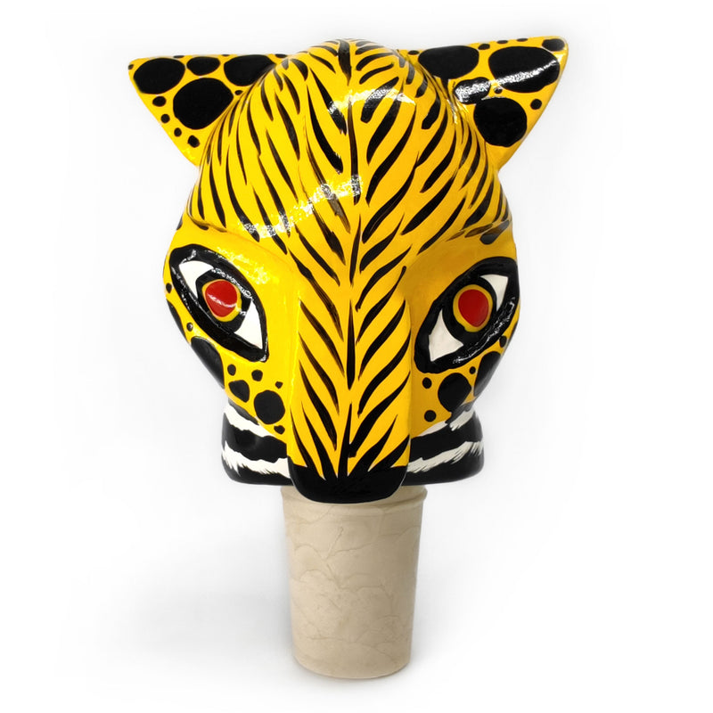 TAPÓN DECORATIVO PARA BOTELLAS - El jaguar del carnaval - Madera tallada y pintada a mano