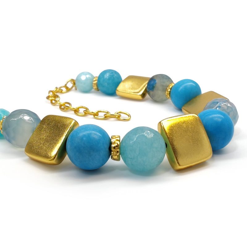 PULSERA QUIMBAYA - Hecha a mano - Bañada en oro de 24 quilates - Ágatas, turquesas