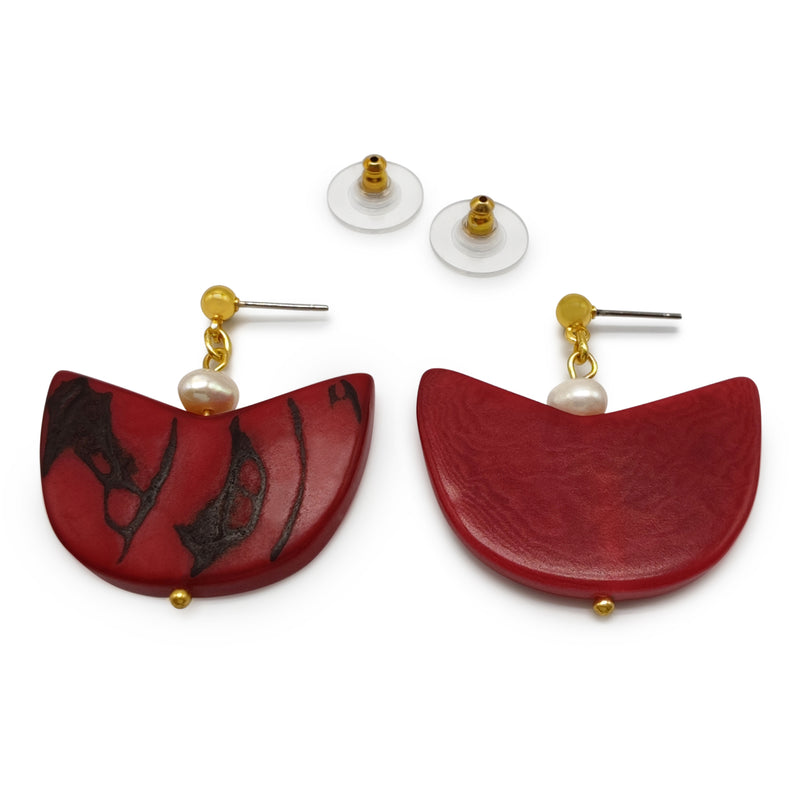 PENDIENTES PALMA - Hechos a mano - Bañados en oro de 24 quilates - Tagua (marfil vegetal), perlas cultivadas