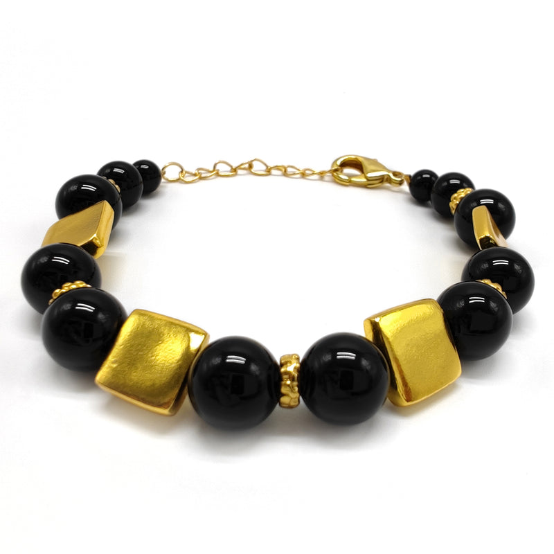 PULSERA QUIMBAYA - Hecha a mano - Bañada en oro de 24 quilates - Ónix