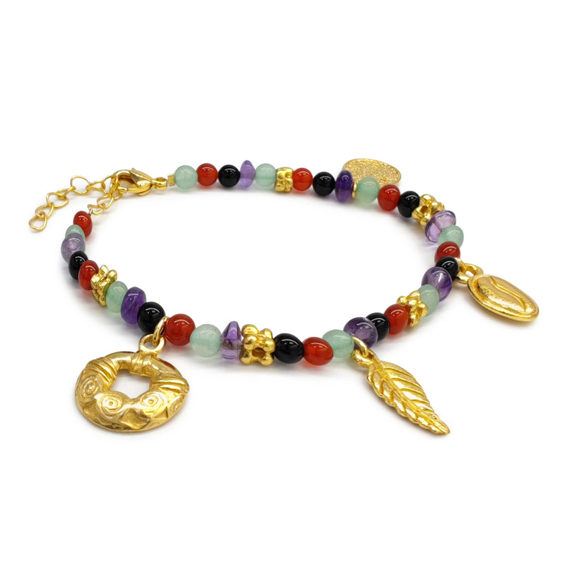 PULSERA ARCOÍRIS - Hecha a mano - Bañada en oro de 24 quilates - Ágatas, ónix, jades y amatistas