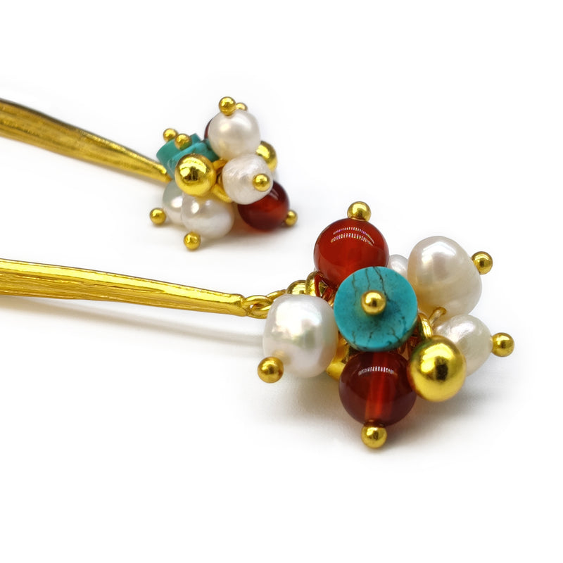 PENDIENTES FRIDA - Hechos a mano - Bañados en oro de 24 quilates - Perlas cultivadas, turquesas,  ágatas