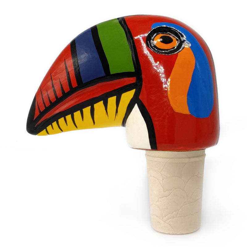 TAPÓN DECORATIVO PARA BOTELLAS - El tucán del carnaval - Madera tallada y pintada a mano