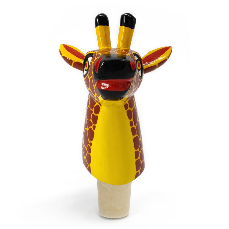 TAPÓN DECORATIVO PARA BOTELLAS - La jirafa del carnaval - Madera tallada y pintada a mano