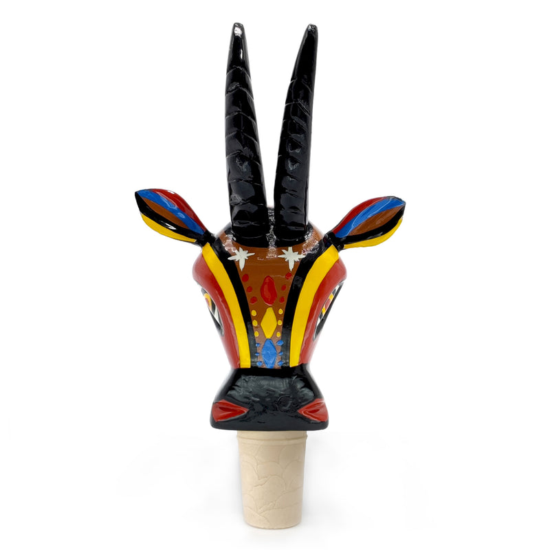 TAPÓN DECORATIVO PARA BOTELLAS - La cabra del carnaval - Madera tallada y pintada a mano