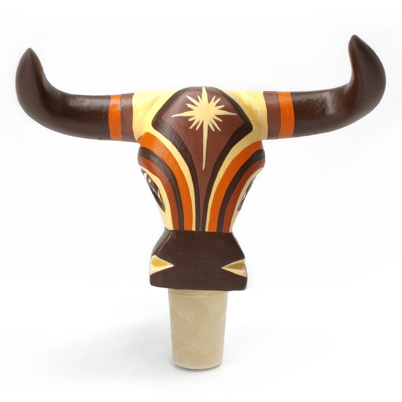 TAPÓN DECORATIVO PARA BOTELLAS - El toro del carnaval - Madera tallada y pintada a mano